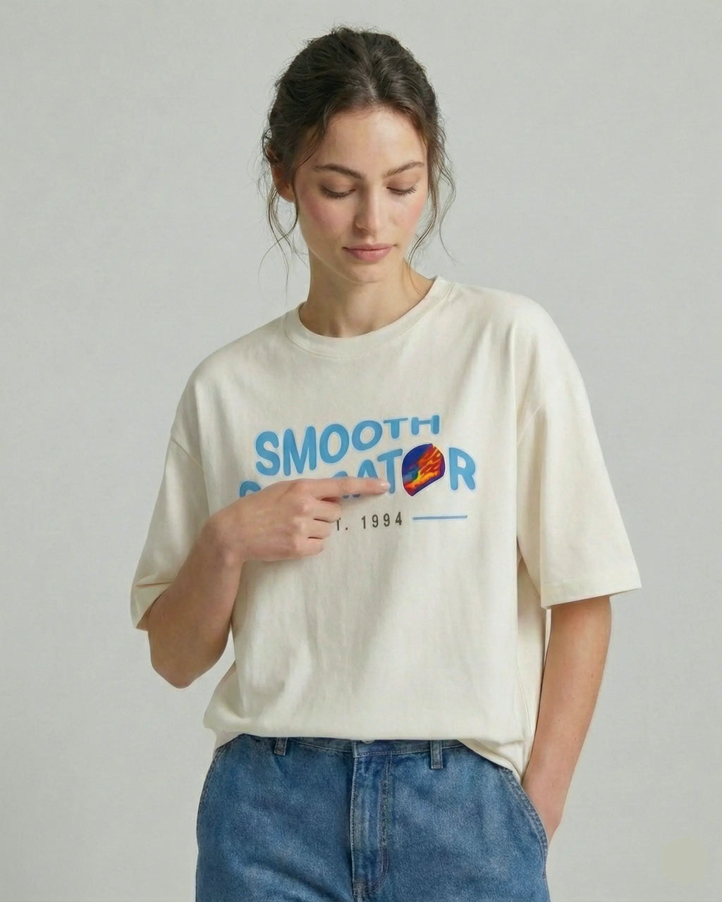 Female Model wearing Carlos Sainz Smooth Operator F1 Unisex Oversized T-shirt Off-White Front View | Turn1 India