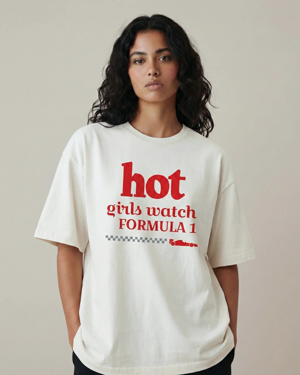 Female model wearing Hot Girls Watch Formula 1 F1 Oversized T-shirt Off-White Front View | Turn1 India