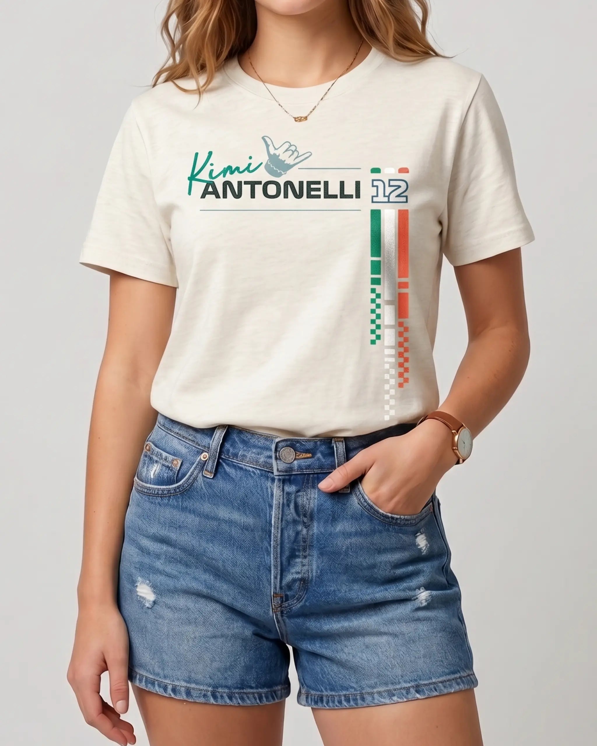 Female model wearing Kimi Antonelli Signature F1 Unisex Regular Fit T-shirt Off-White Front View | Turn1 India