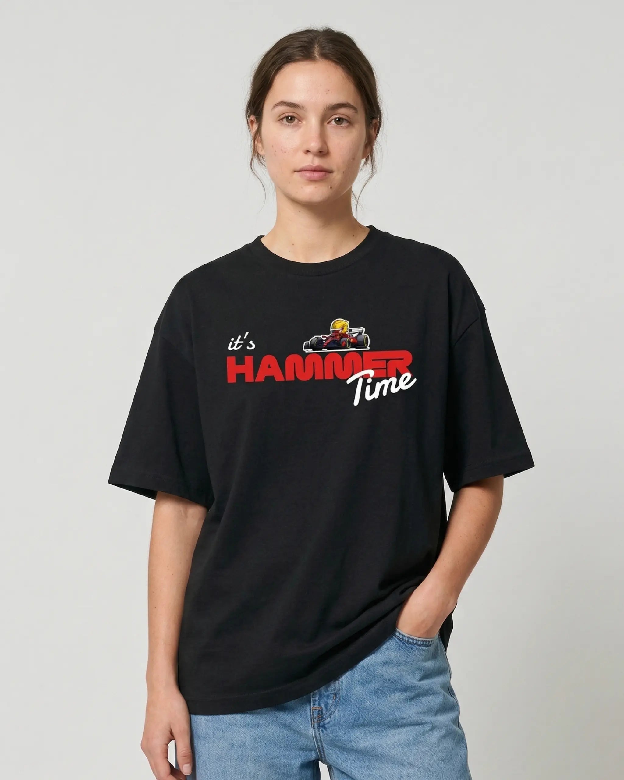 Female model wearing Lewis Hamilton It's Hammertime F1 Unisex Oversized T-shirt Black Front View | Turn1 India