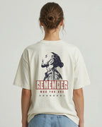 Female model wearing Lewis Hamilton Remember Who You Are Quote F1 Unisex Oversized T-shirt Off-White Back View | Turn1 India