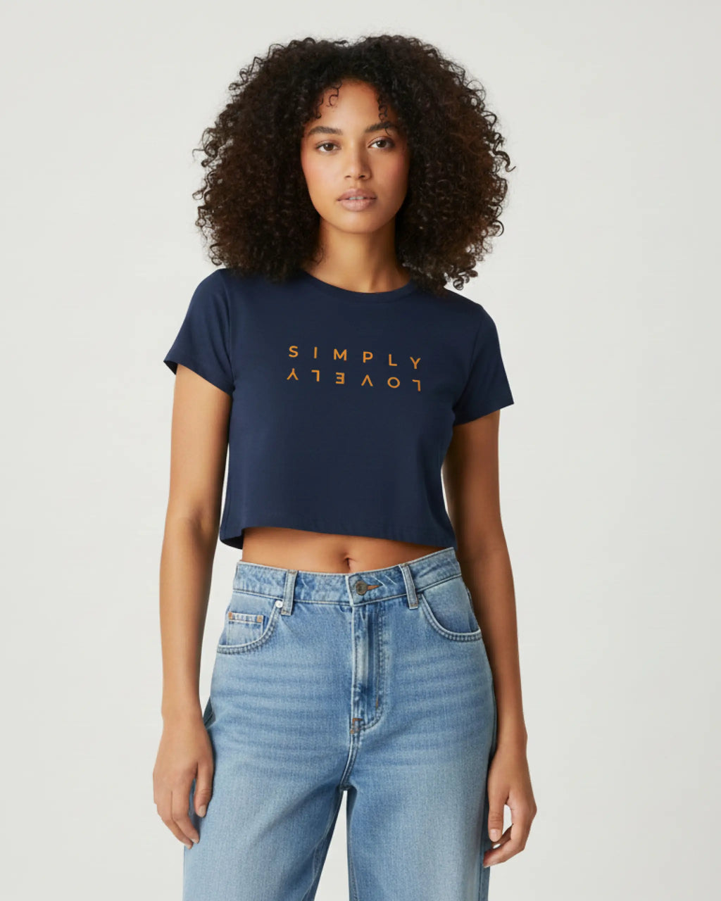 Female model wearing Max Verstappen Simply Lovely Women Crop Top Navy Blue Front View | Turn1 India