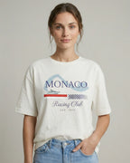 Female model wearing Monaco Grand Prix Circuit F1 Unisex Oversized T-shirt Off-White Front View | Turn1 India