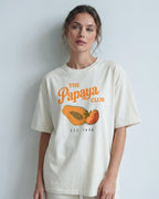 Female model wearing Papaya Club McLaren F1 Unisex Oversized T-shirt Off-White Front View | Turn1 India