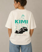 Female model woman wearing Kimi Antonelli F1 Unisex Oversized T-shirt Off-White Back View | Turn1 India