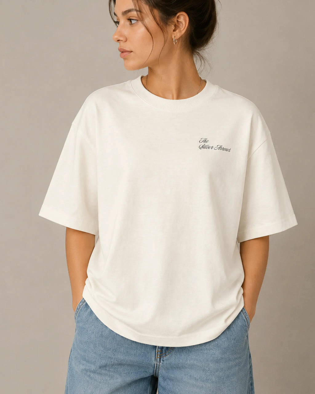 Female model woman wearing Kimi Antonelli F1 Unisex Oversized T-shirt Off-White Front View | Turn1 India