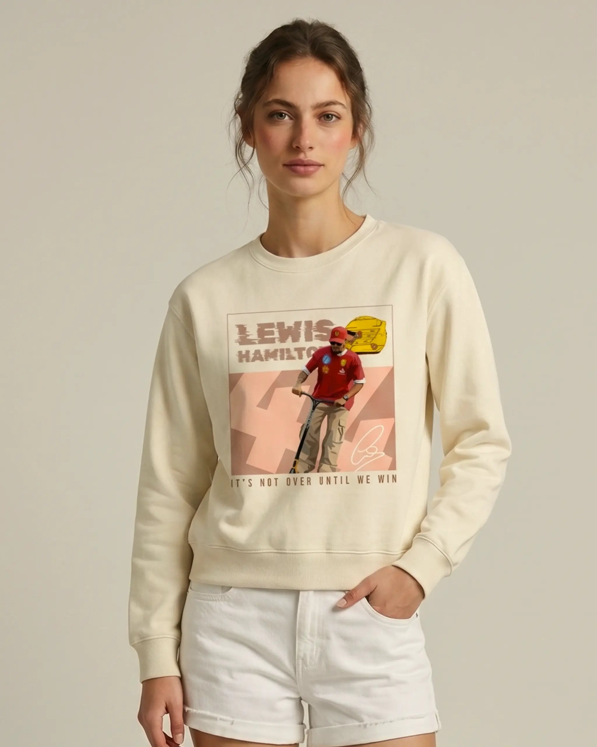Female model wearing Lewis Hamilton Scooter F1 Unisex Sweatshirt Cream Colour Front View - Turn1 India