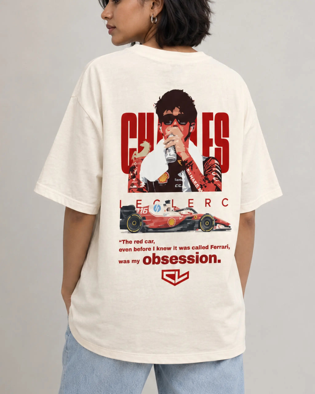 Female model woman wearing Charles Leclerc Ferrari F1 Unisex Oversized T-shirt Off-White Back View | Turn1 India