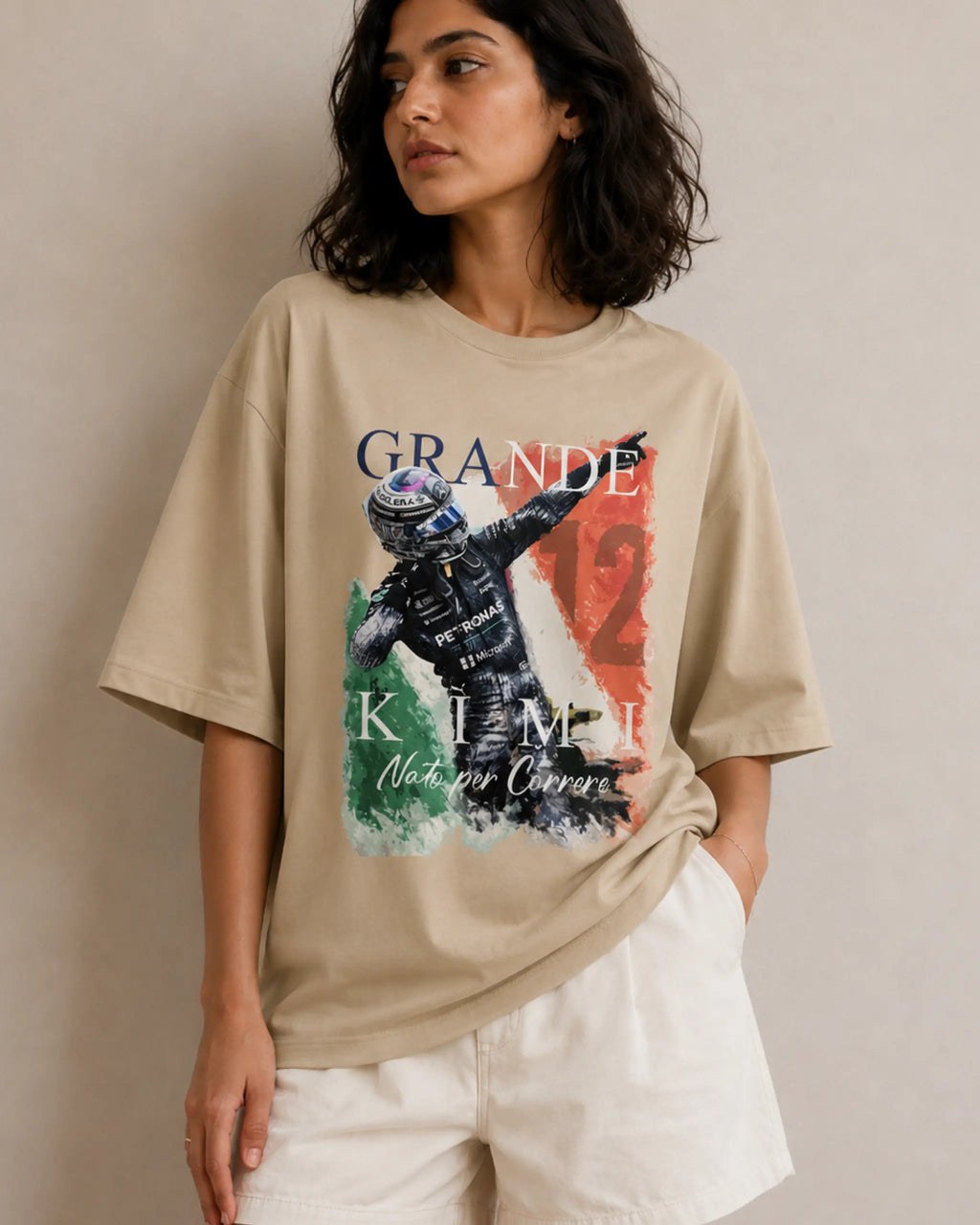 Female model woman wearing Kimi Antonelli Grande Kimi Graphic F1 Unisex T-shirt Beige Front View | Turn1 India 