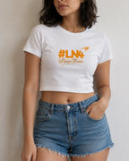 Female model woman wearing Lando Norris McLaren Papaya Women Girls Crop Top White Front View | Turn1 India