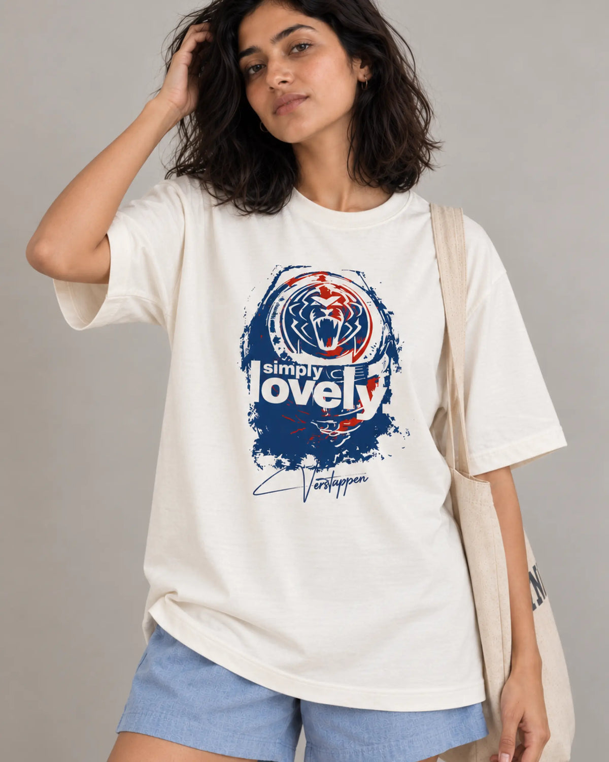 Female model girl woman wearing Max Verstappen Simply Lovely Helmet Edition F1 t-shirt | Formula 1 Tshirt India | Unisex Oversized Fit | Off-White Colour | Turn1