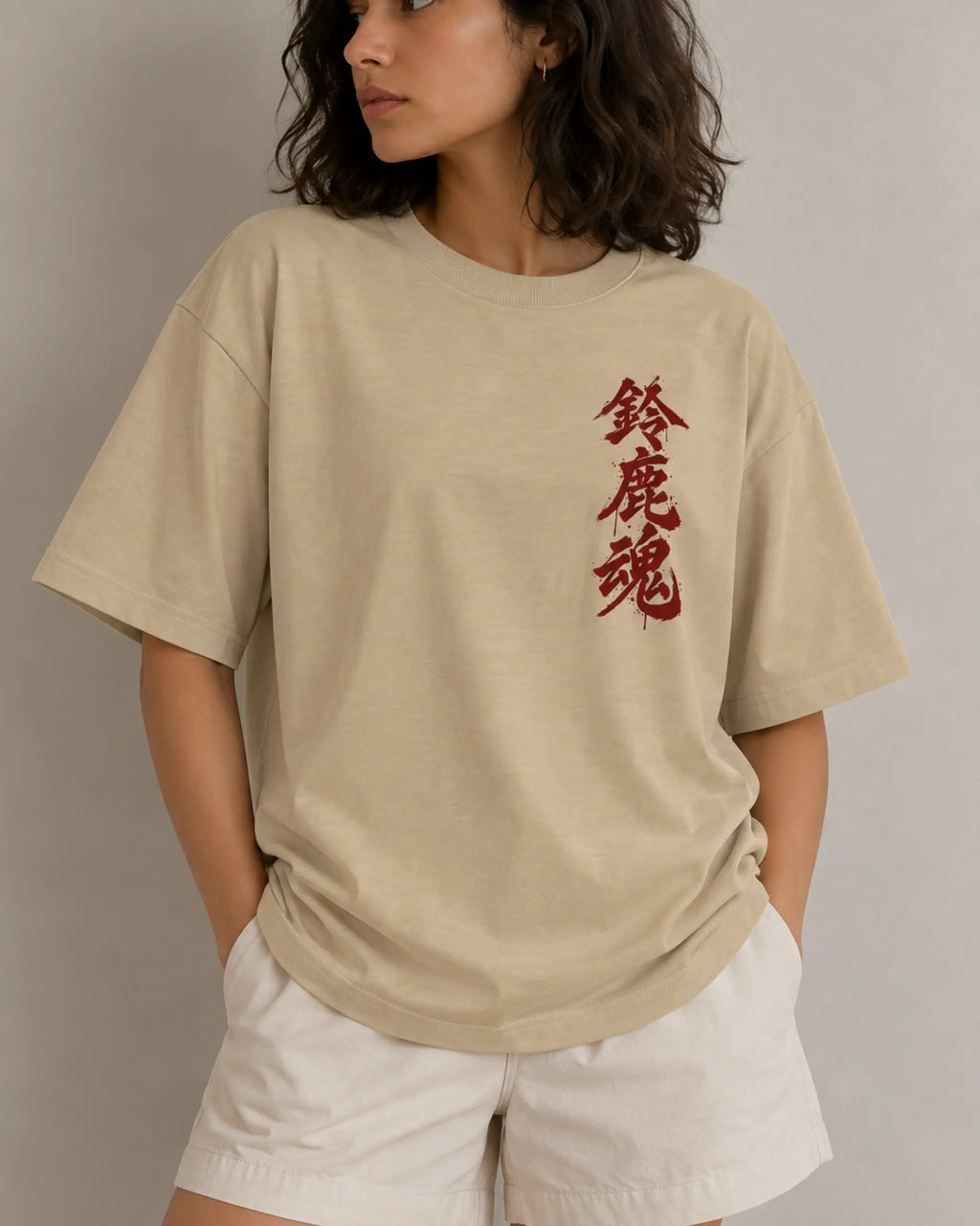 Female model woman wearing Tokyo Race Vibes F1 Unisex Oversized T-shirt Beige Front View | Turn1 India