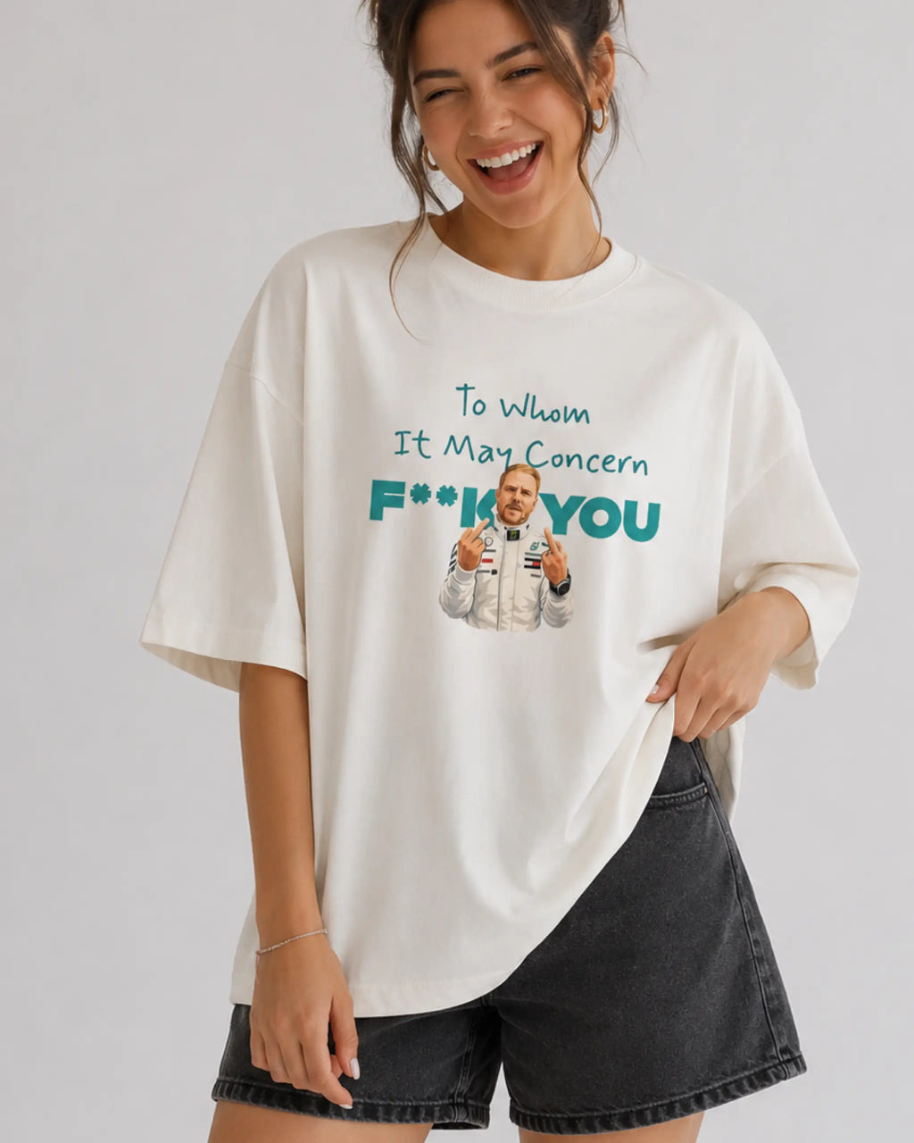 Female model woman wearing Valtteri Bottas Mercedes Funny Quote Formula 1 F1 Unisex Graphic Tee Off-White Front View | Turn1 India