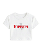 Ferrari Red Wordmark Logo Classic Women Crop Top Colour White Front View | Turn1 India