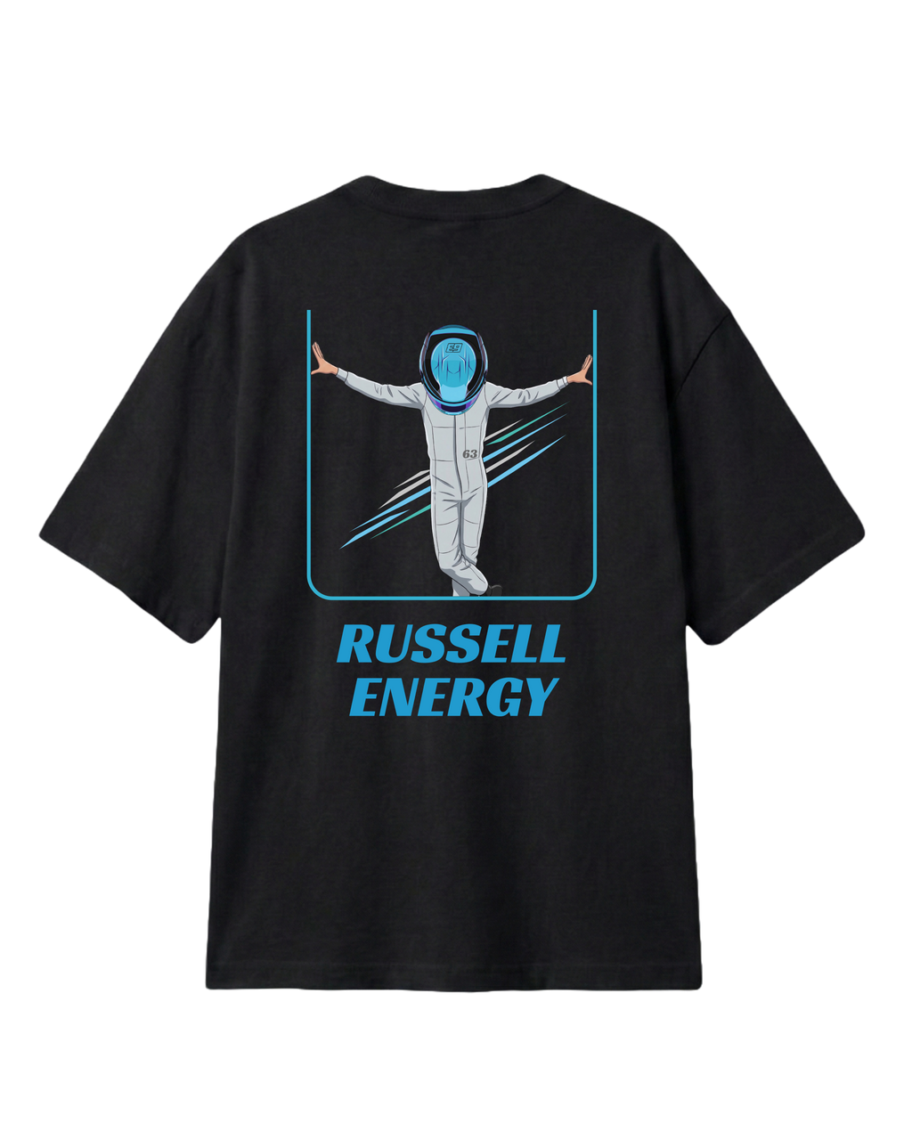 Turn1 India F1 Tshirt Black T-shirt: George Russell Energy front graphic with blue helmet and raised arms. Fan graphic of George Russell, driver of Mercedes AMG Petronas F1 Racing team.
Front print featuring George Russel's initials.
