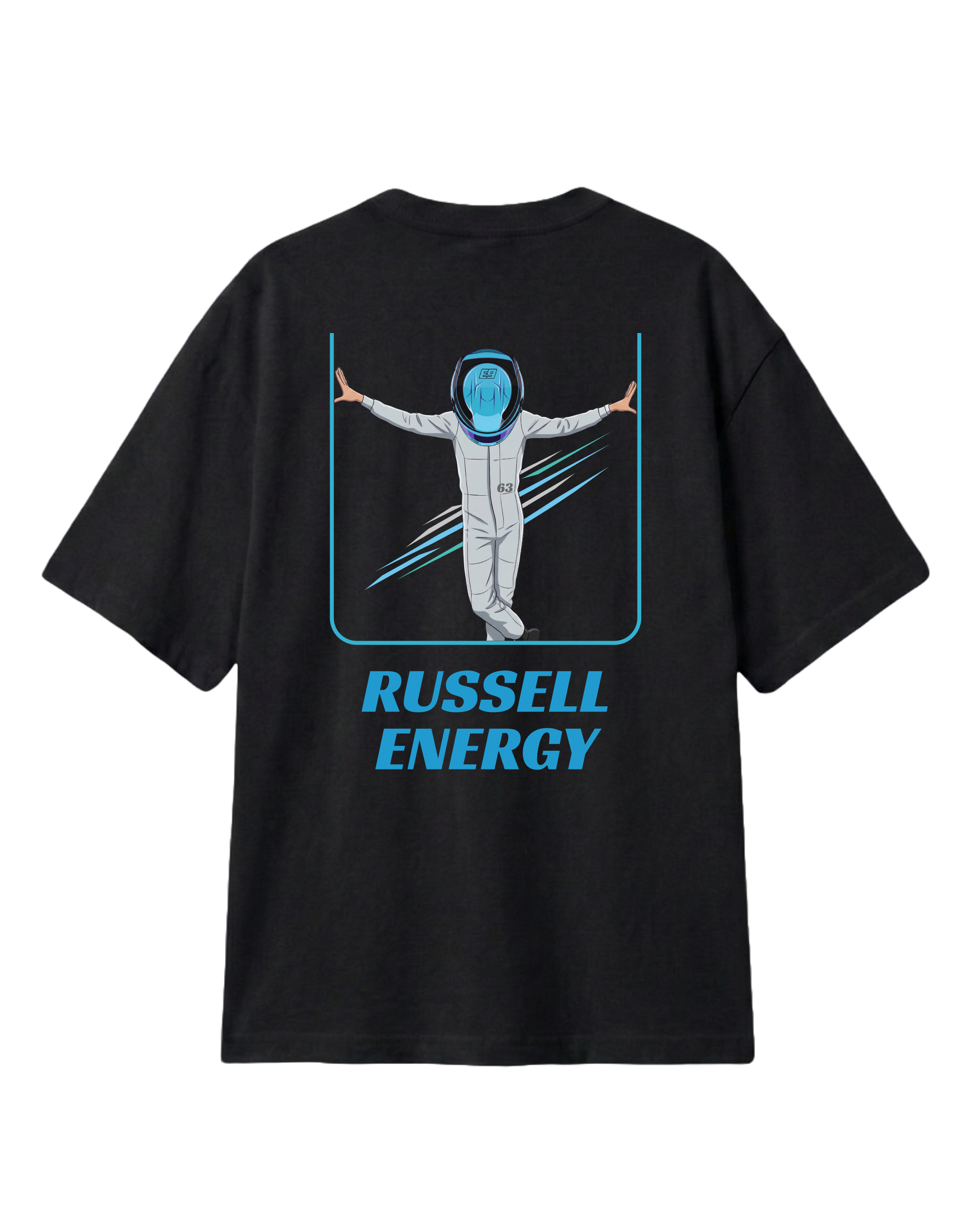 Turn1 India F1 Tshirt Black T-shirt: George Russell Energy front graphic with blue helmet and raised arms. Fan graphic of George Russell, driver of Mercedes AMG Petronas F1 Racing team.
Front print featuring George Russel's initials.