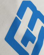 Closeup of cotton fabric and DTF print on Turn1 India F1 Tshirt Off White T-shirt: George Russell Energy front graphic with blue helmet and raised arms. Fan graphic of George Russell, driver of Mercedes AMG Petronas F1 Racing team.
Front print featuring George Russel's initials.