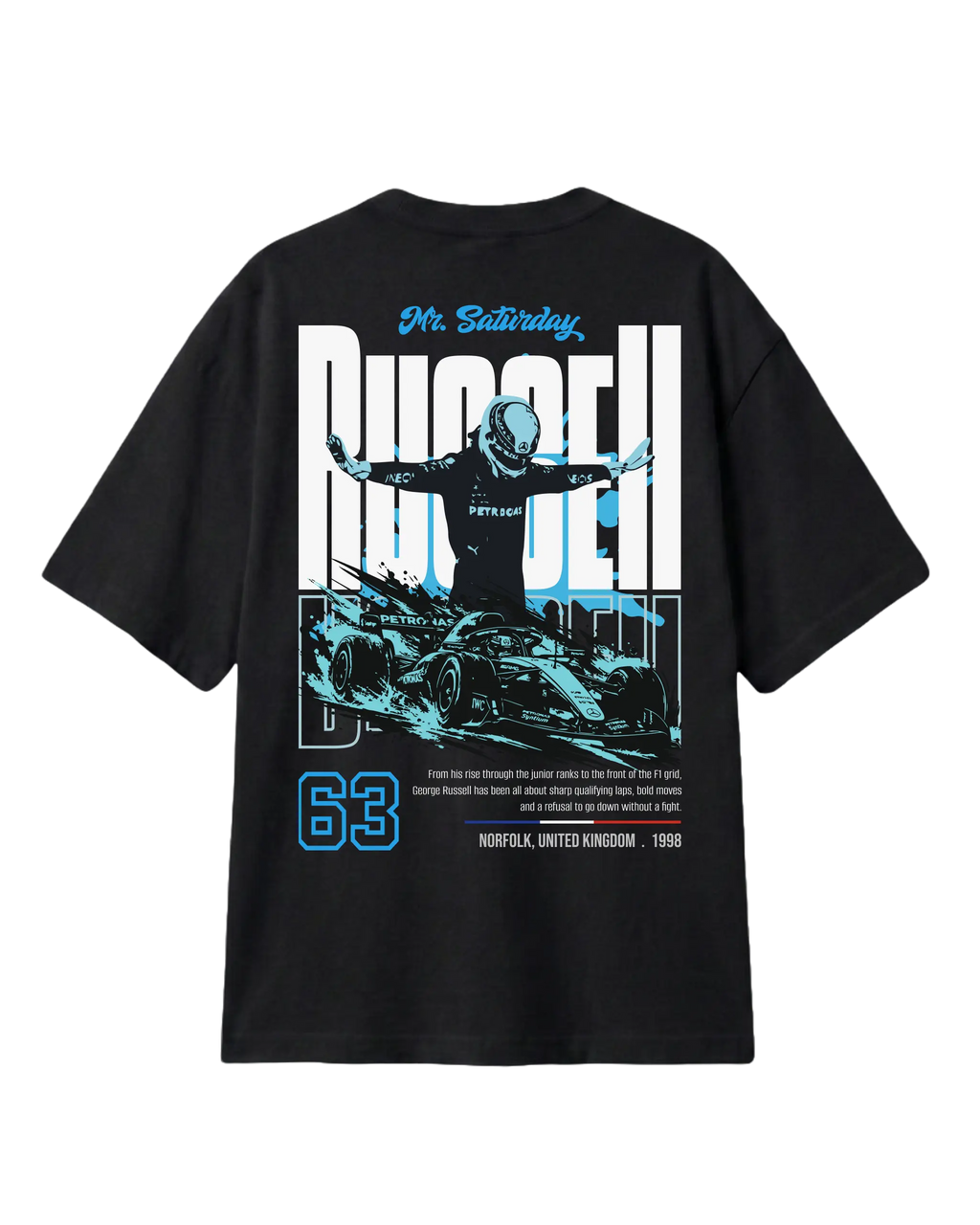 Formula 1 Tee - George Russell Mr. Saturday Graphic F1 T-shirt - Colour Black - Back View - Unisex Oversized Fit | Turn1 India