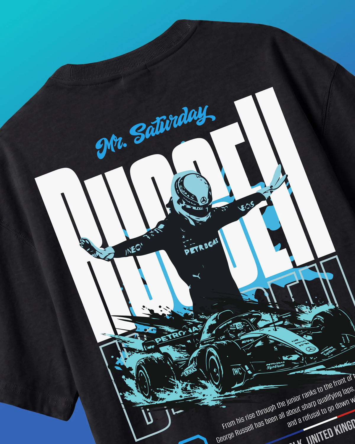 Formula 1 Tee - George Russell Mr. Saturday Graphic F1 T-shirt - Colour Black - Back View - Unisex Oversized Fit | Turn1 India