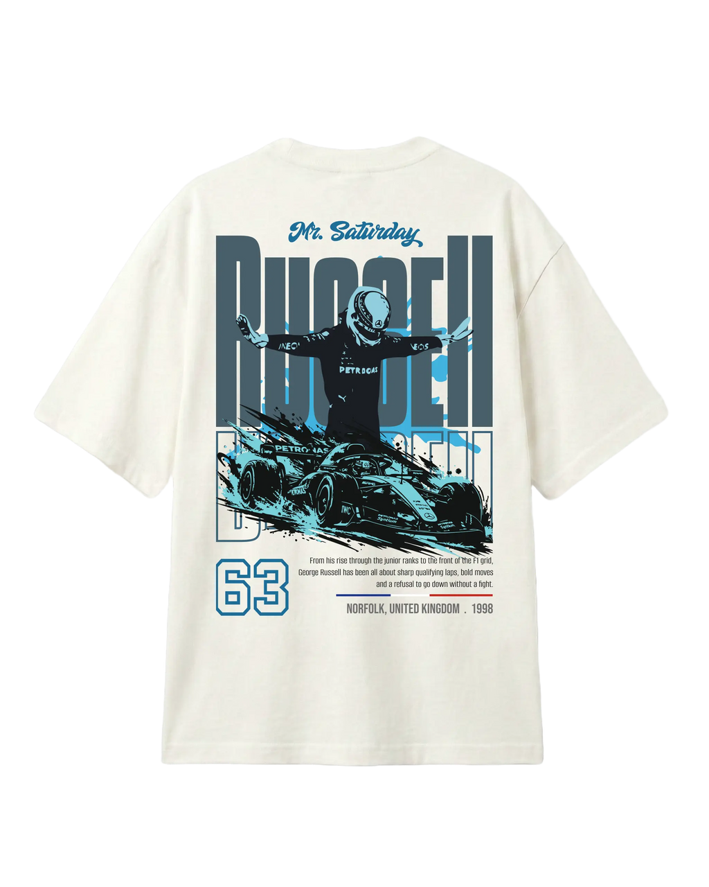 Formula 1 Tee - George Russell Mr. Saturday Graphic F1 T-shirt - Colour Off-White - Back View - Unisex Oversized Fit | Turn1 India