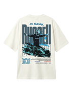 Formula 1 Tee - George Russell Mr. Saturday Graphic F1 T-shirt - Colour Off-White - Back View - Unisex Oversized Fit | Turn1 India