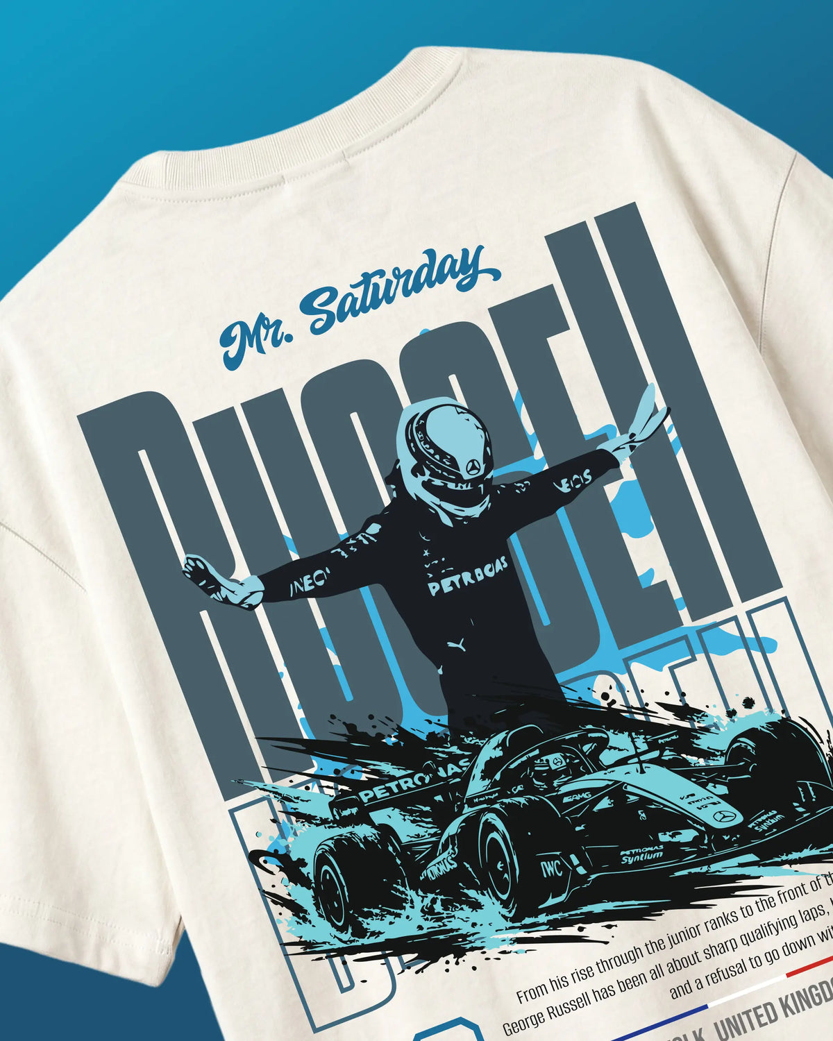 Formula 1 Tee - George Russell Mr. Saturday Graphic F1 T-shirt - Colour Off-White - Back View - Unisex Oversized Fit | Turn1 India
