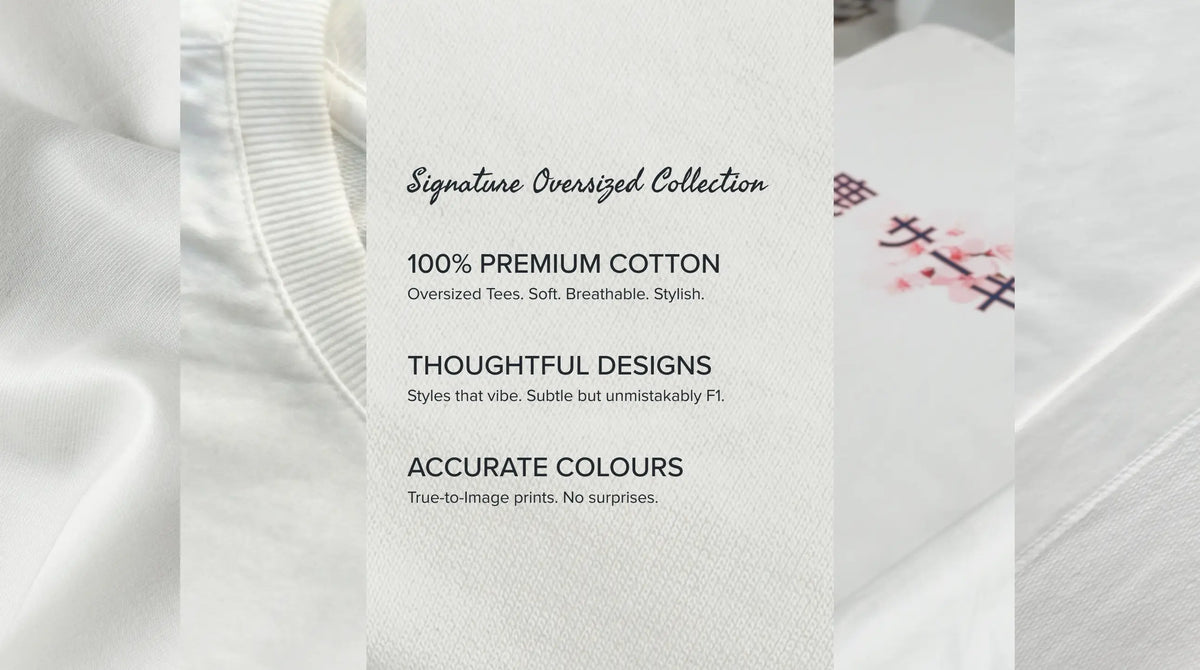 A close-up promotional detail shot of a white oversized cotton T-shirt, showing the ribbed collar, soft fabric texture, and printed text describing the collection and material. The image is cropped to emphasize fabric quality and design details rather than the full garment silhouette.