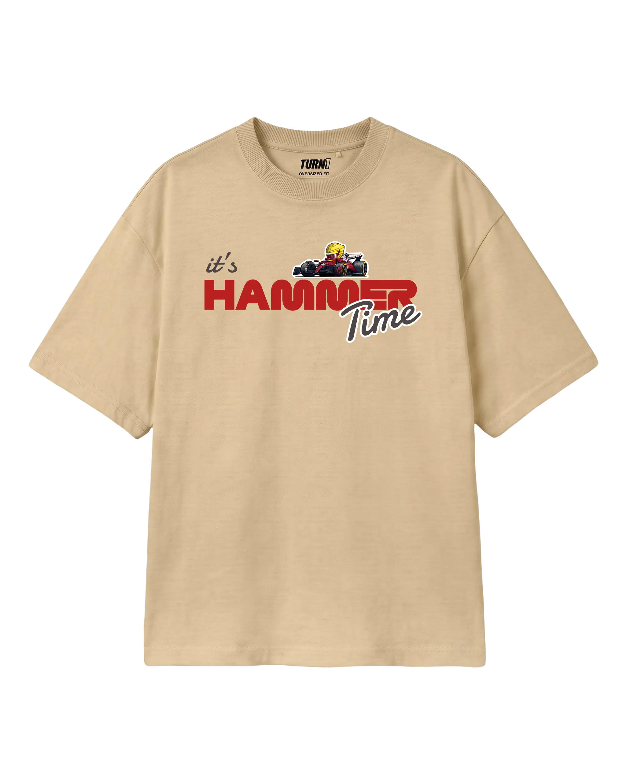 Lewis Hamilton It's Hammertime F1 Unisex Oversized T-shirt Beige Front View | Turn1 India