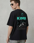 Male model wearing F1 Turn1 India Black unisex oversized tshirt featuring Kimi Antonelli, Mercedes AMG Petronas F1 Team driver, his Mercedes F1 car and number 12.
Front print featuring text "Silver Arrows"