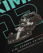 Closeup of F1 Turn1 India Black unisex oversized tshirt featuring Kimi Antonelli, Mercedes AMG Petronas F1 Team driver, his Mercedes F1 car and number 12.
Front print featuring text "Silver Arrows"