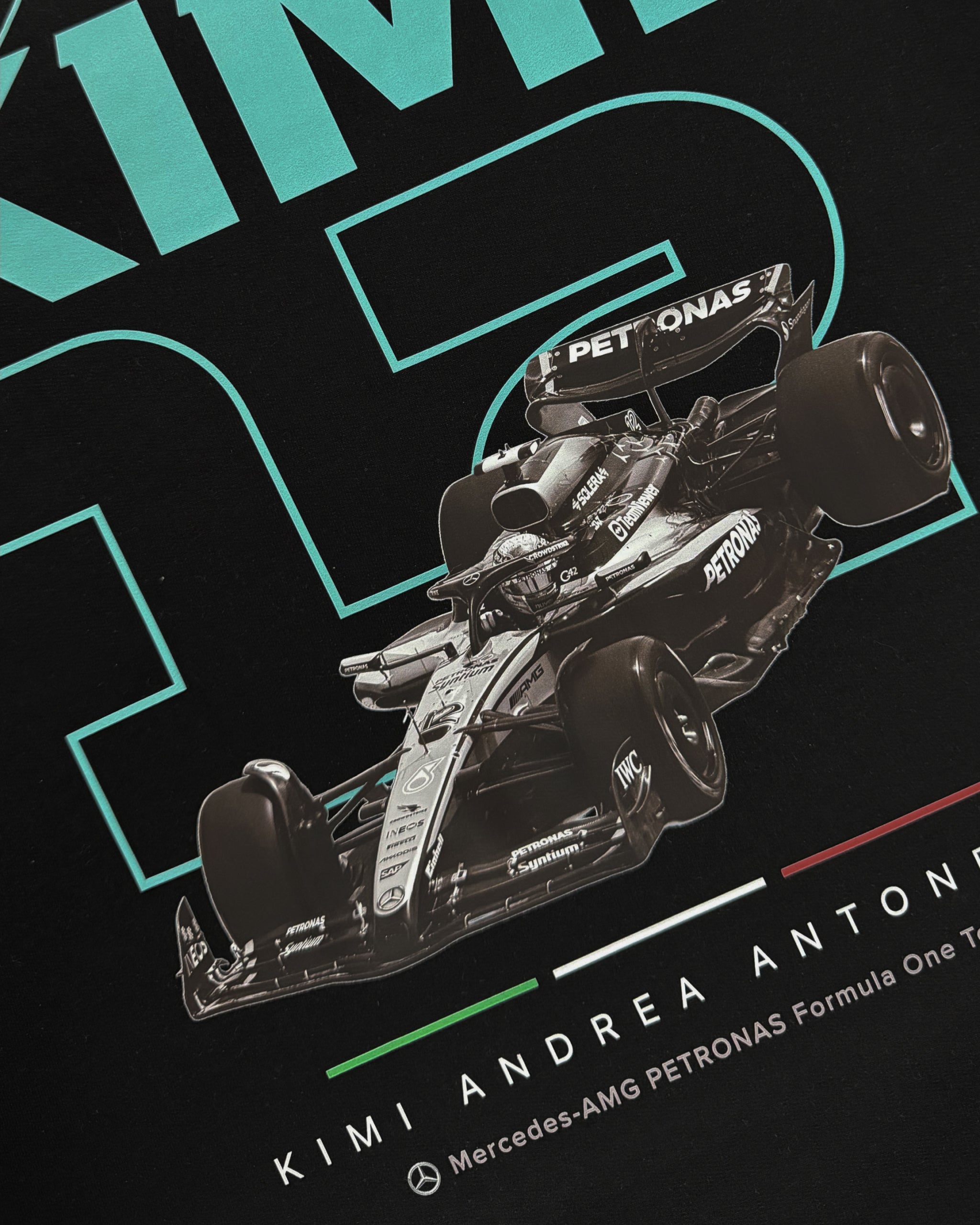 Closeup of F1 Turn1 India Black unisex oversized tshirt featuring Kimi Antonelli, Mercedes AMG Petronas F1 Team driver, his Mercedes F1 car and number 12.
Front print featuring text "Silver Arrows"