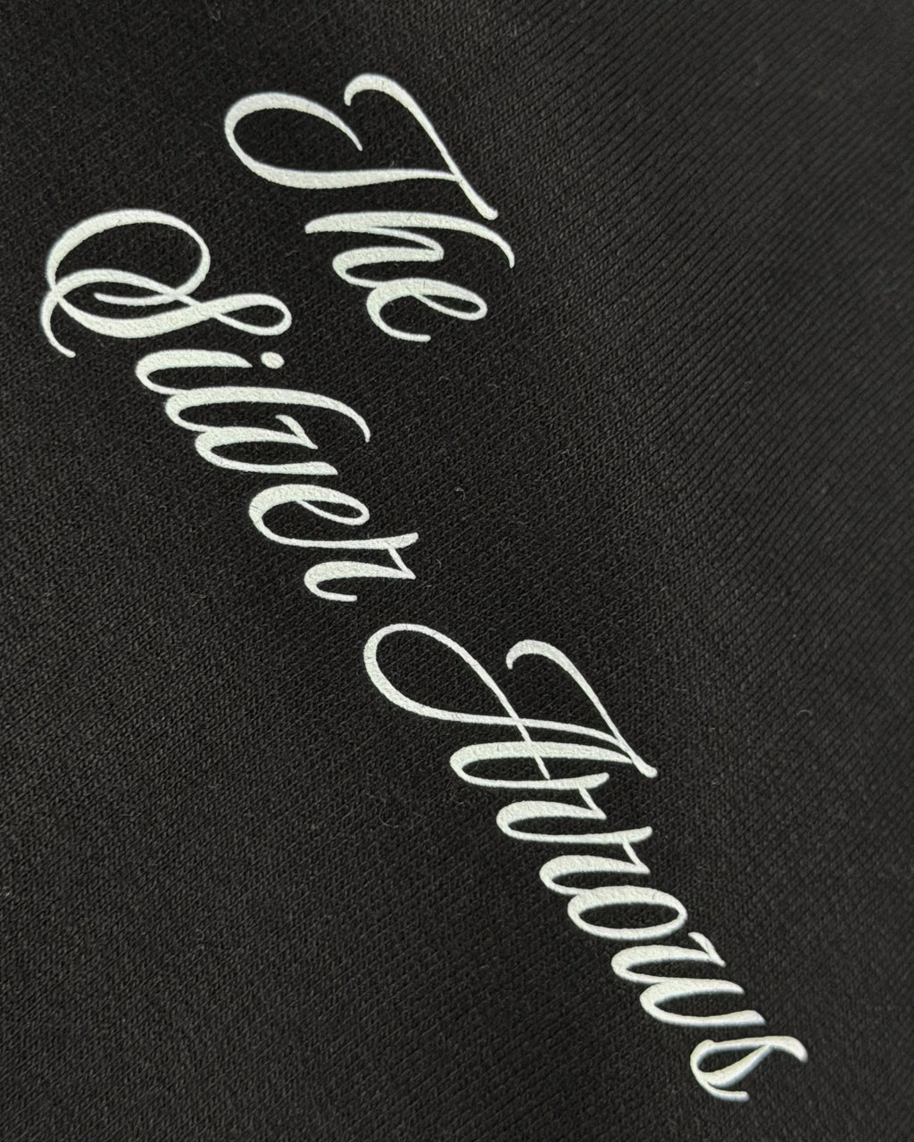 Closeup of F1 Turn1 India Black unisex oversized tshirt featuring Kimi Antonelli, Mercedes AMG Petronas F1 Team driver, his Mercedes F1 car and number 12.
Front print featuring text "The Silver Arrows"