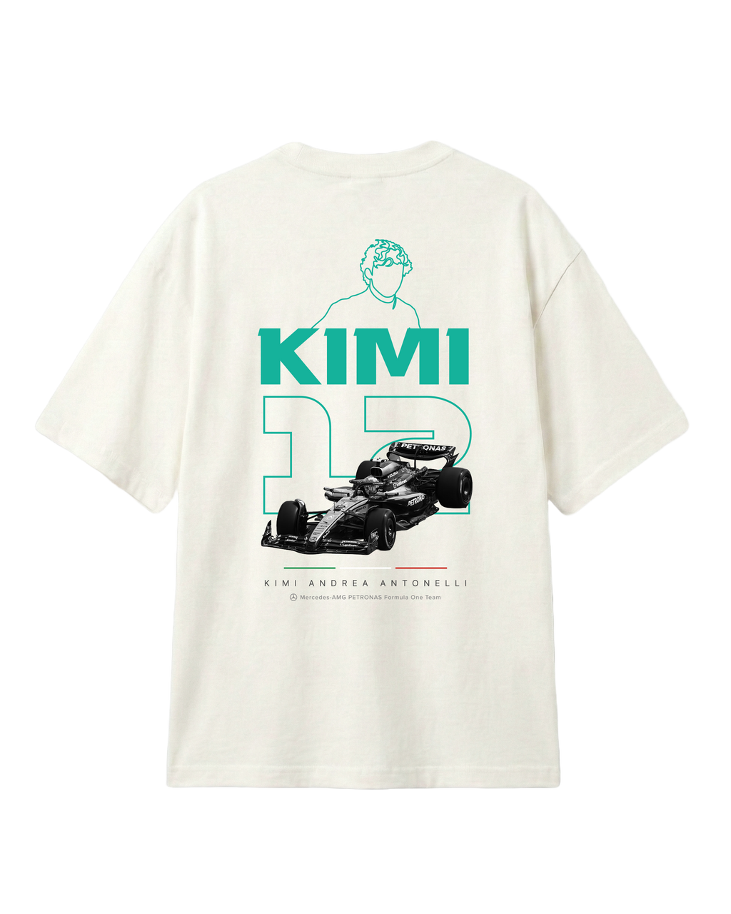 F1 Turn1 India Off White unisex oversized tshirt featuring Kimi Antonelli, Mercedes AMG Petronas F1 Team driver, his Mercedes F1 car and number 12.
Front print featuring text "Silver Arrows"