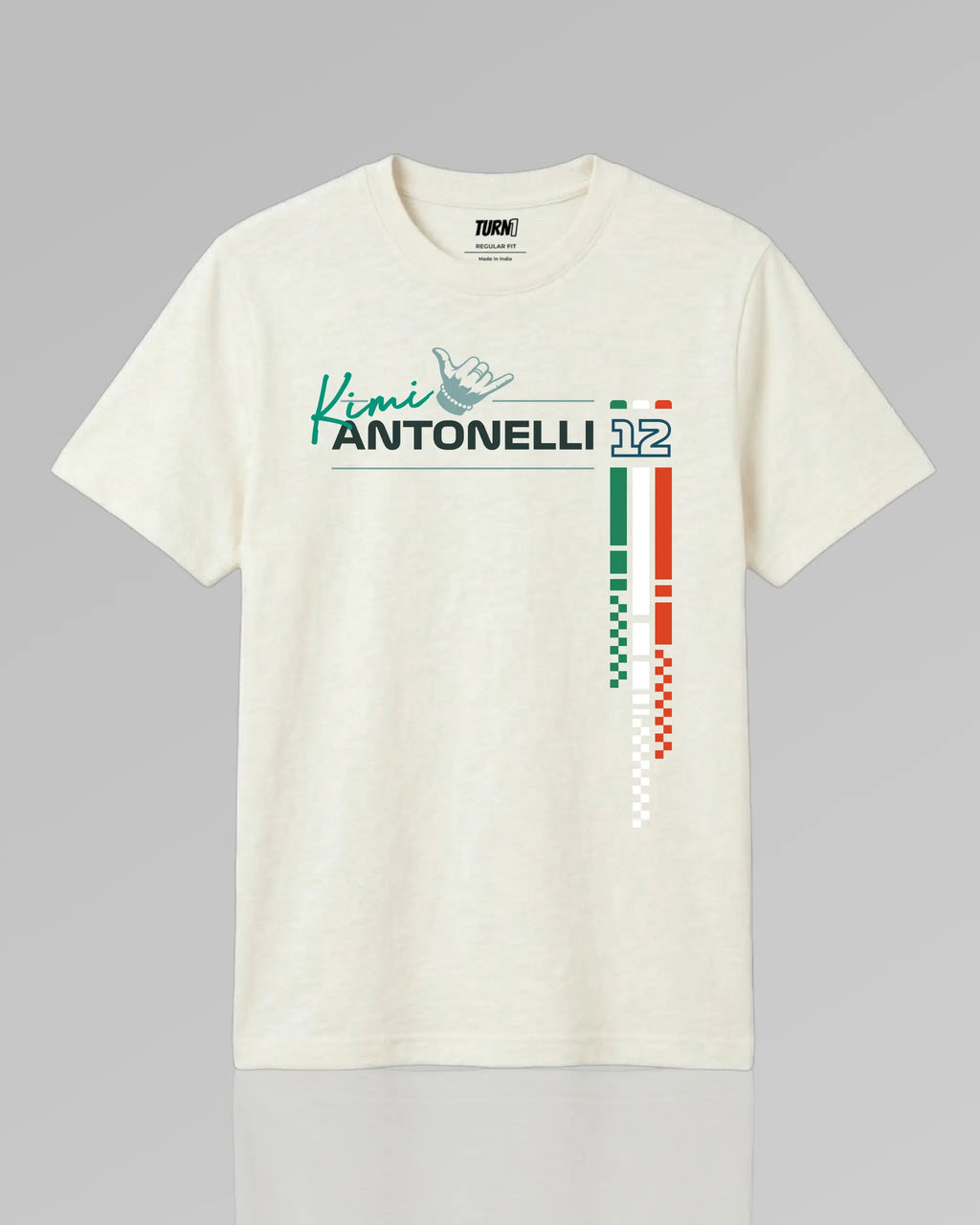 Off White regular fit unisex F1 tshirt by Turn 1, an F1 apparel brand in India - fan graphic tee of Kimi Antonelli, Mercedes AMG Petronas Formula 1 driver. Tshirt's front print features Kimi Antonelli's signature hand move, his number 12 and colors of Italian flag. 