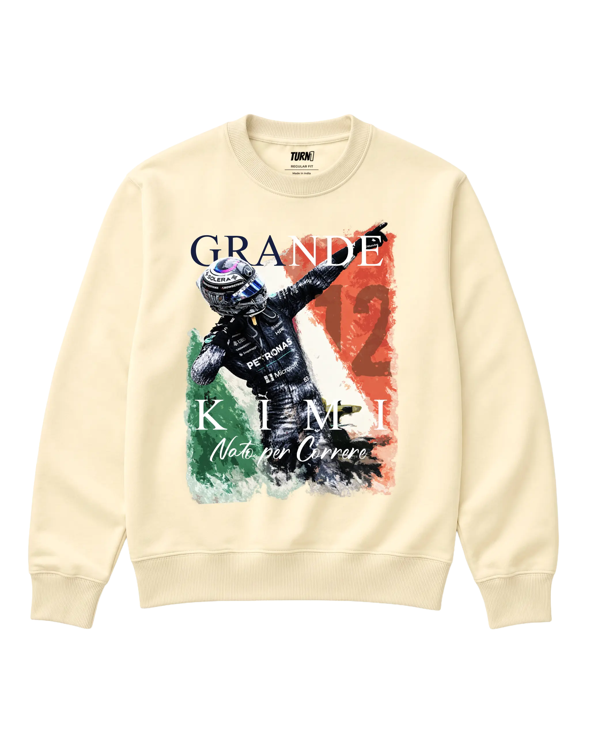 Kimi Antonelli Grande Kimi F1 Unisex Sweatshirt Cream Colour Front View - Turn1 India