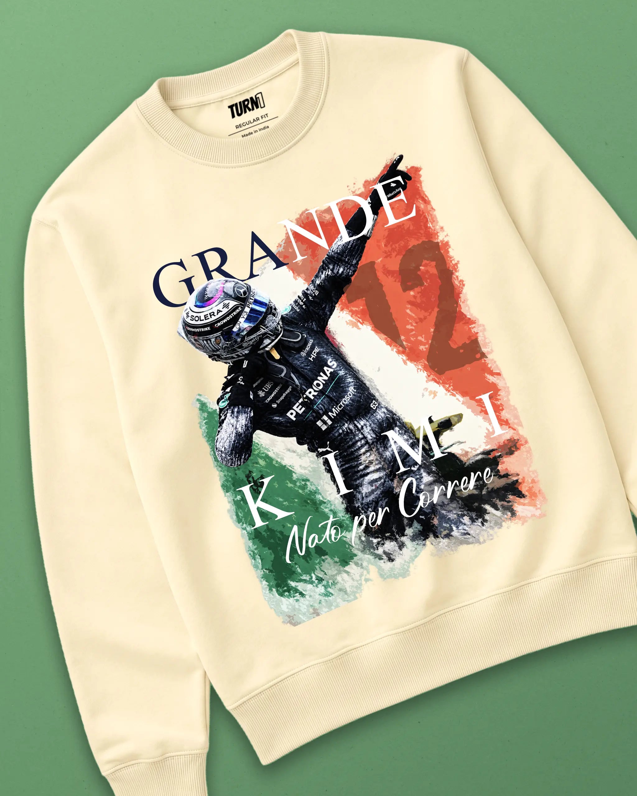 Kimi Antonelli Grande Kimi F1 Unisex Sweatshirt Cream Colour Front View - Turn1 India