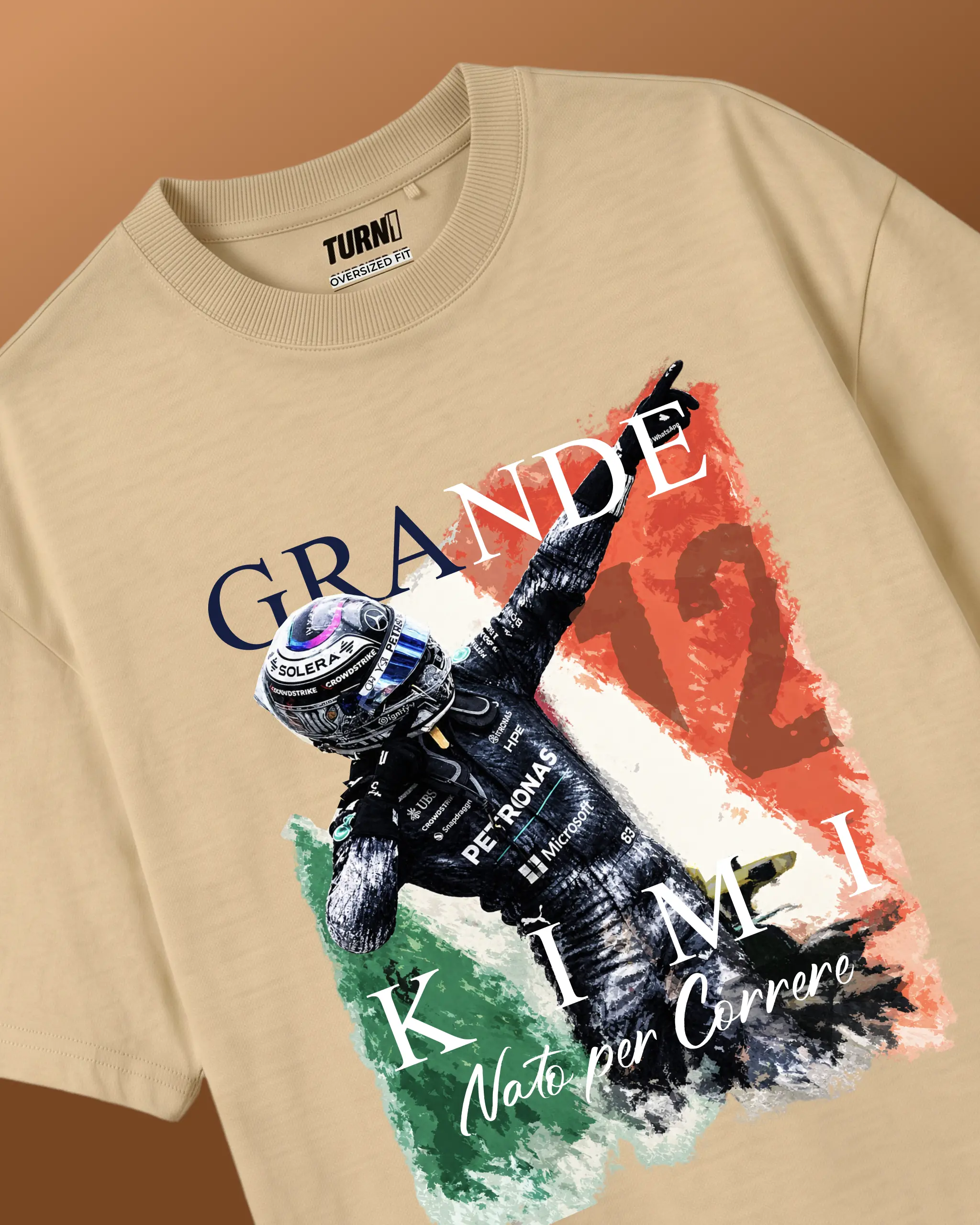 Kimi Antonelli Grande Kimi Graphic F1 Unisex T-shirt Beige Front View | Turn1 India 