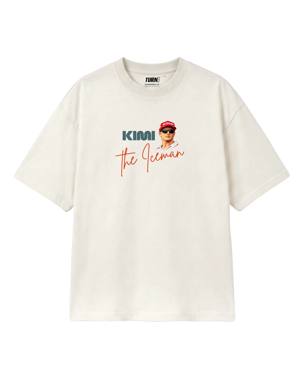 Kimi Raikkonen The Iceman F1 T-shirt | Kimi Raikkonen Formula 1 Tee India | Off-White | Unisex Oversized Fit | Front View | Turn1 India