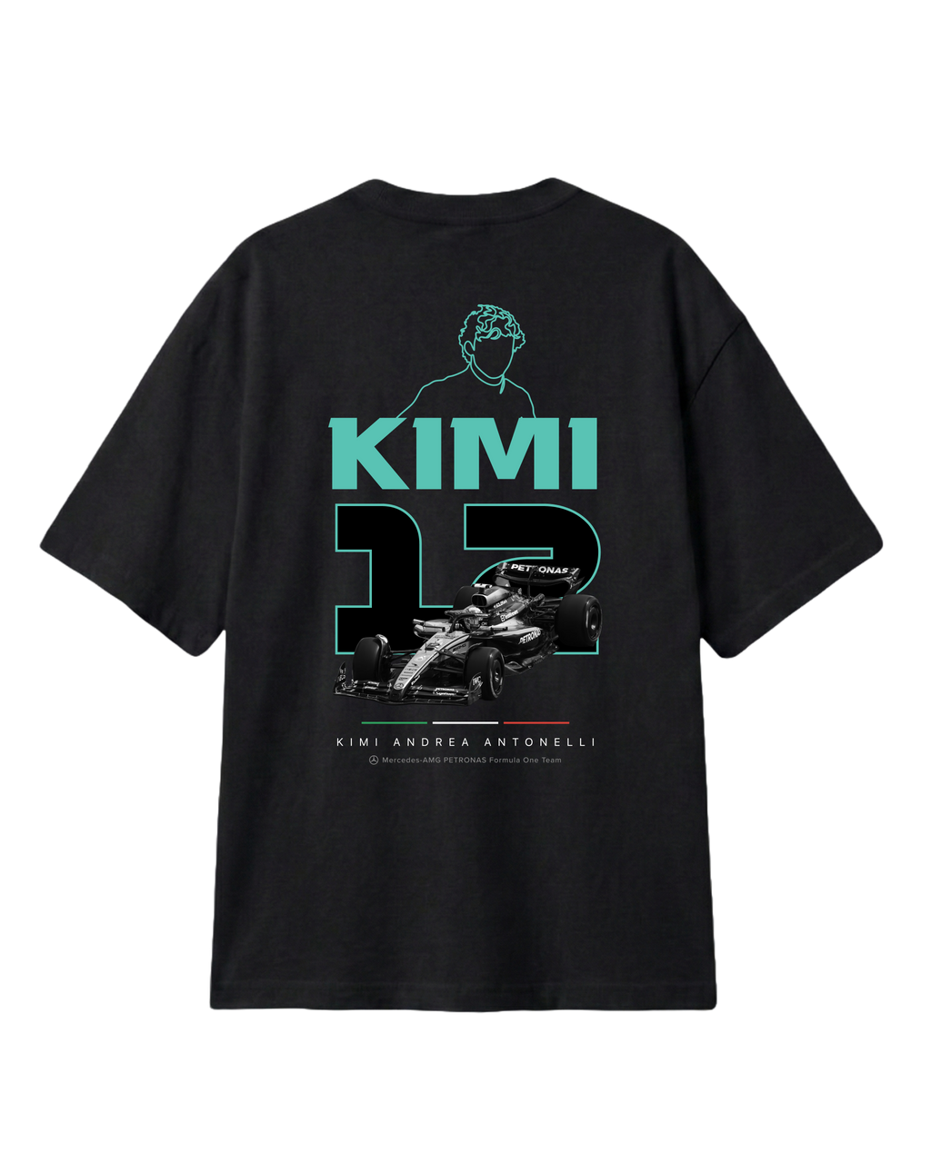 F1 Turn1 India Black unisex oversized tshirt featuring Kimi Antonelli, Mercedes AMG Petronas F1 Team driver, his Mercedes F1 car and number 12.
Front print featuring text "Silver Arrows"