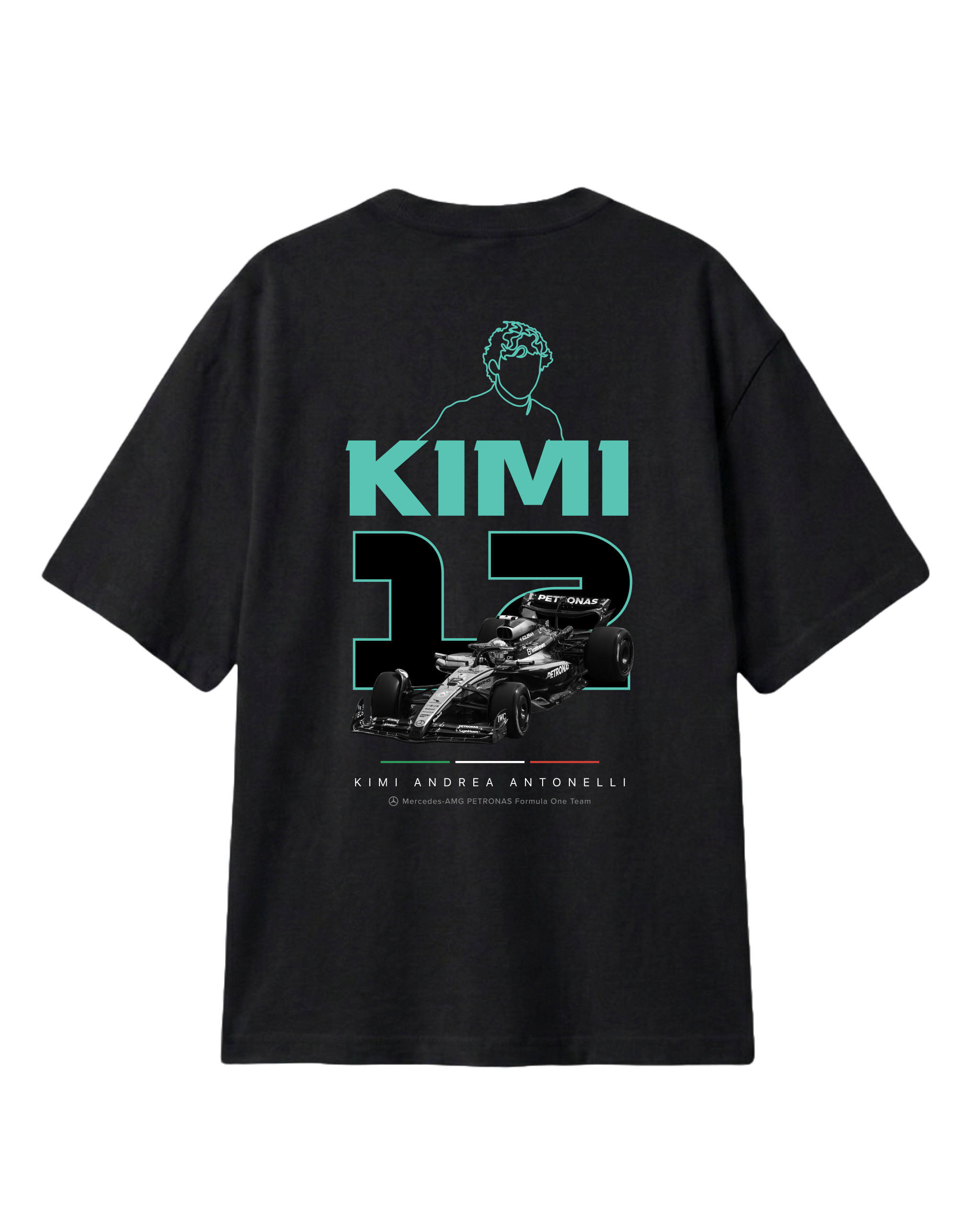 F1 Turn1 India Black unisex oversized tshirt featuring Kimi Antonelli, Mercedes AMG Petronas F1 Team driver, his Mercedes F1 car and number 12.
Front print featuring text "Silver Arrows"