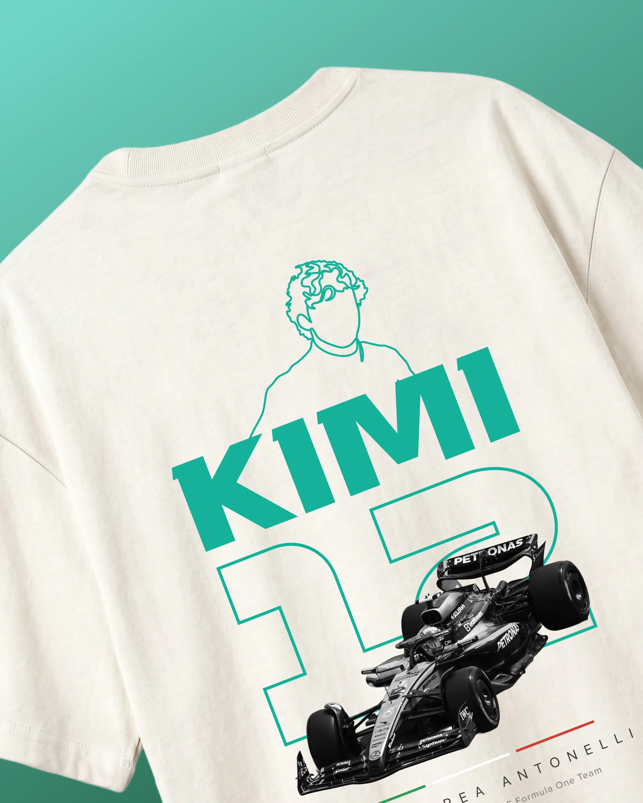 Kimi Antonelli Mercedes F1 Unisex Oversized T-shirt Off-White Back View | Turn1 India