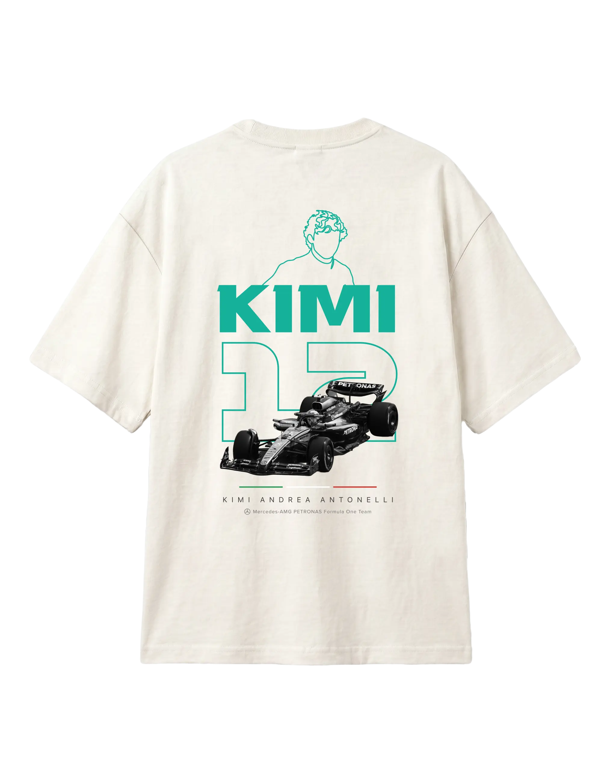 Kimi Antonelli Mercedes F1 Unisex Oversized T-shirt Off-White Back View | Turn1 India
