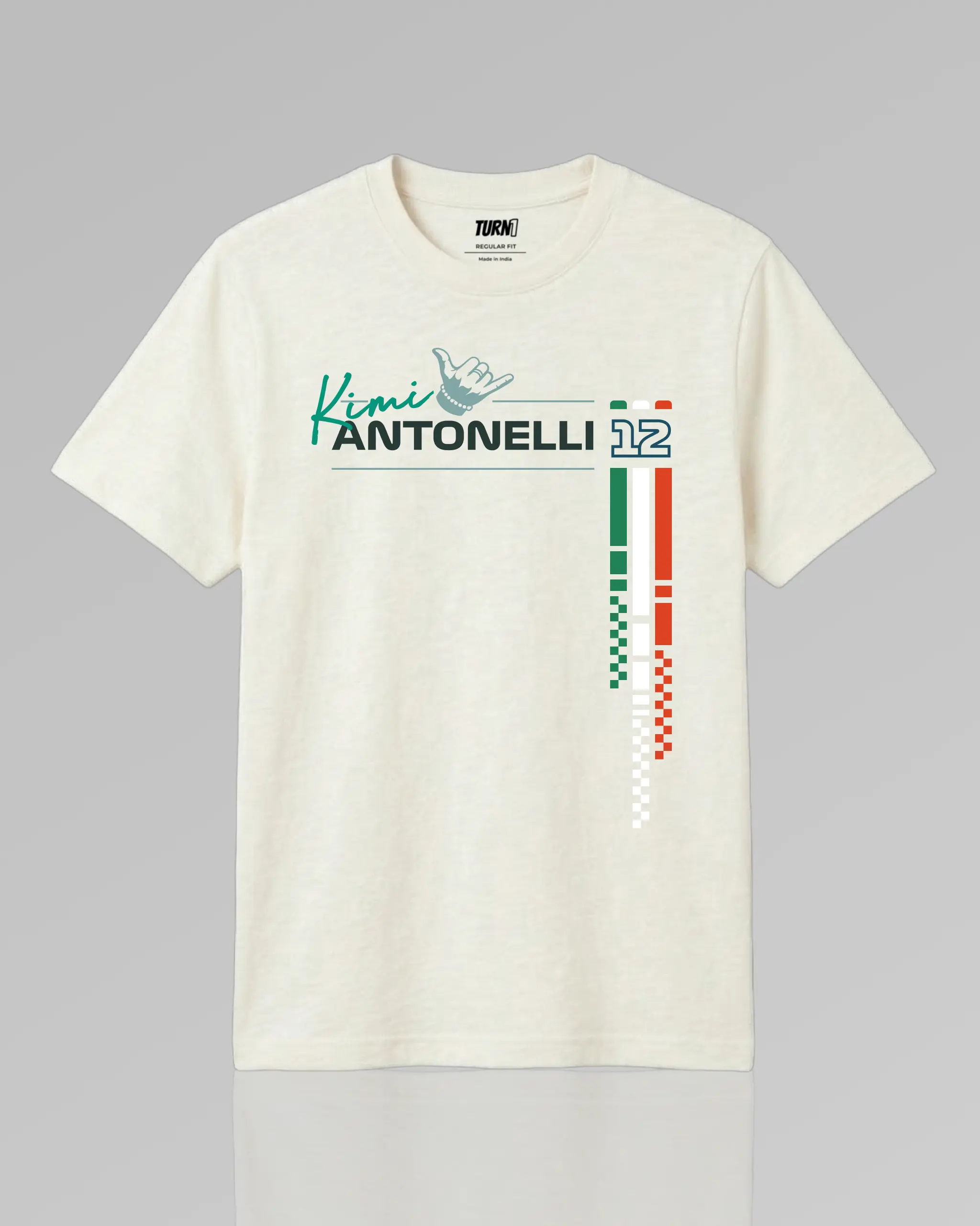 Kimi Antonelli Signature F1 Unisex Regular Fit T-shirt Off-White Front View | Turn1 India