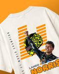 F1 Turn1 India Off White oversized unisex tshirt - fan graphic tee of Lando Norris, Mclaren Racing F1 driver. Tshirt's back print features Lando Norris, his helmet and text "2025 F1 World Champion"
Front print of tshirt features Mclaren Racing logo and Lando Norris' logo initials