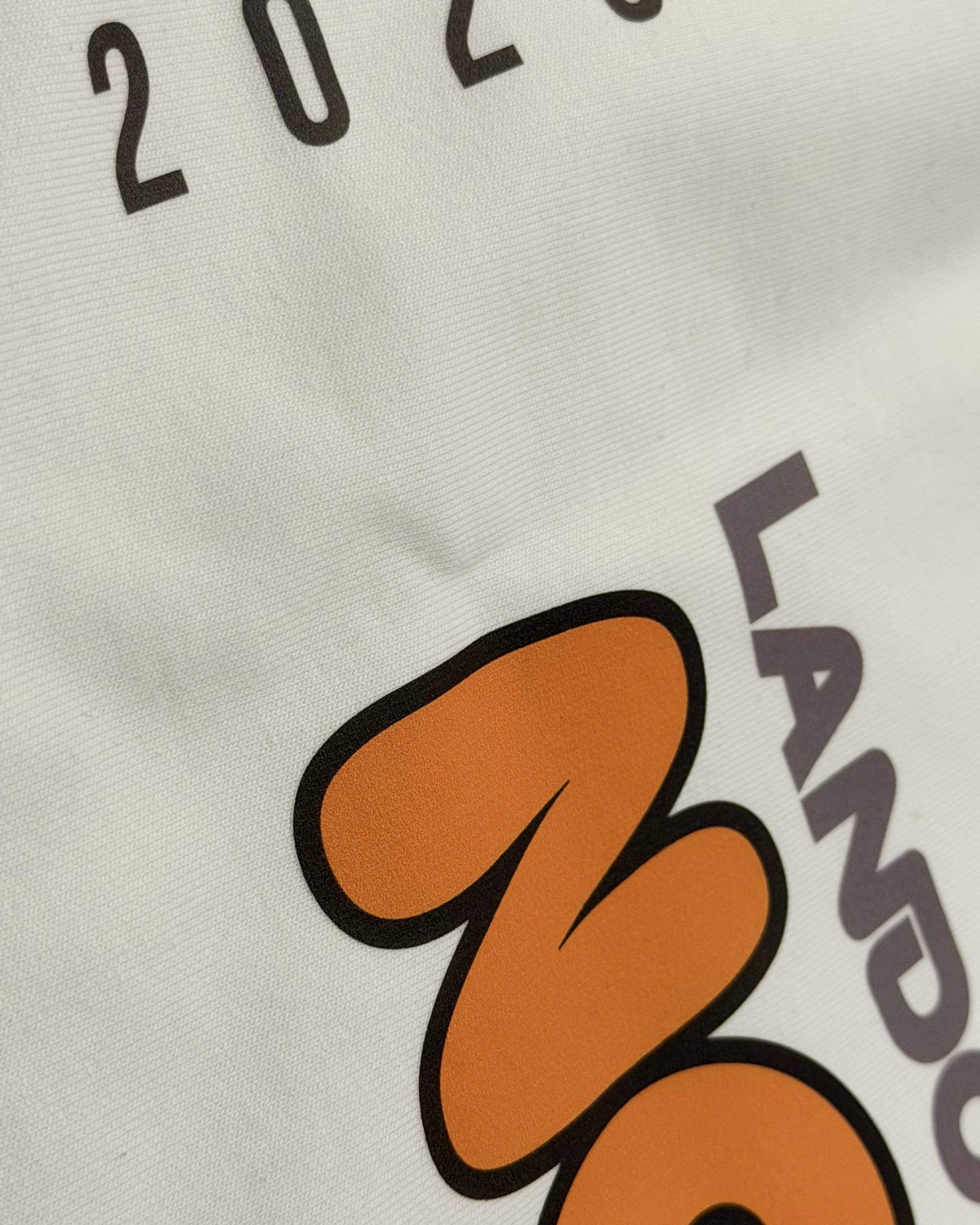 Close-up of Turn1 India Off White oversized unisex tshirt - fan graphic tee of Lando Norris, Mclaren Racing F1 driver. Tshirt's back print features Lando Norris, his helmet and text "2025 F1 World Champion".
Front print of tshirt features Mclaren Racing logo and Lando Norris' logo initials