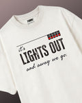 Turn1 India F1 Tshirt Off White Unisex Oversized T-shirt featuring fan graphic of popular Formula 1 Quote "Lights Out and Away we go" in black text and 5 lights in red color.