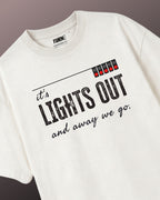Turn1 India F1 Tshirt Off White Unisex Oversized T-shirt featuring fan graphic of popular Formula 1 Quote "Lights Out and Away we go" in black text and 5 lights in red color.