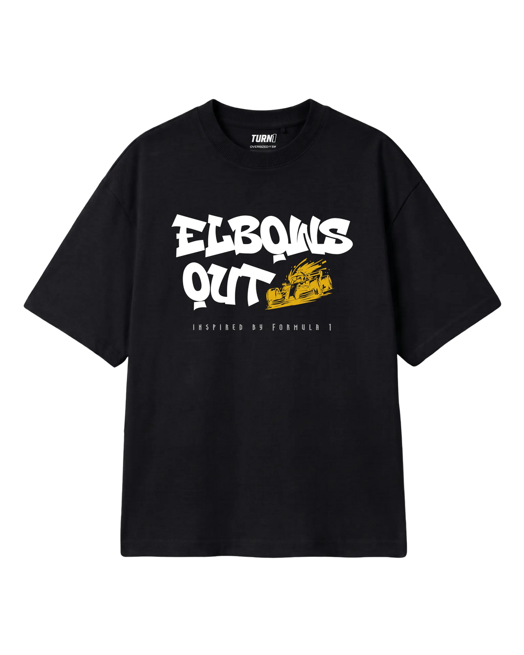 Elbows Out Formula 1 Racing Graphic F1 T-shirt Black Front View | Turn1 India
