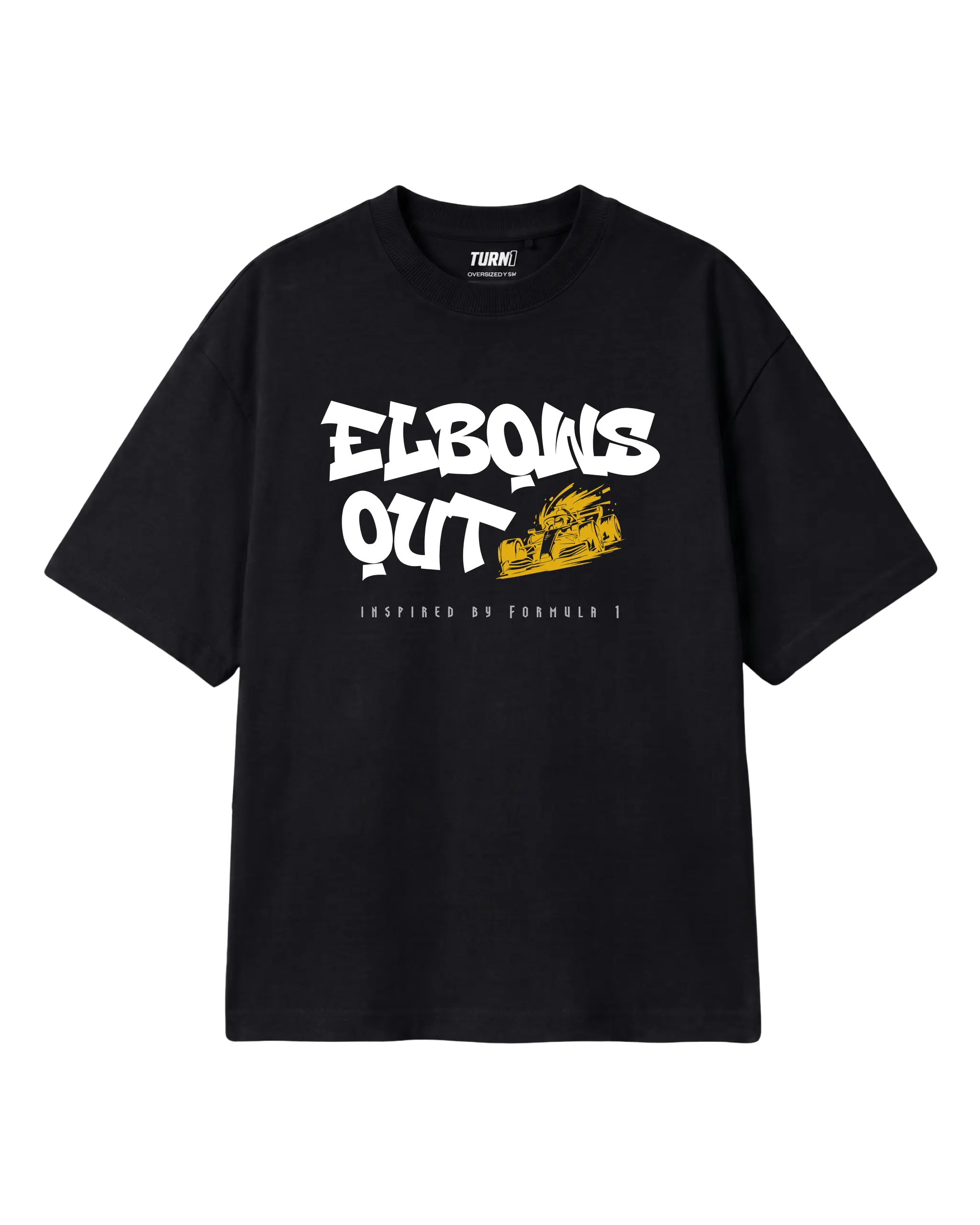 Elbows Out Formula 1 Racing Graphic F1 T-shirt Black Front View | Turn1 India