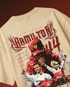 Formula 1 Tee | Lewis Hamilton GOAT F1 T-shirt | Unisex Oversized Fit | Beige | Back View | Turn1 India
